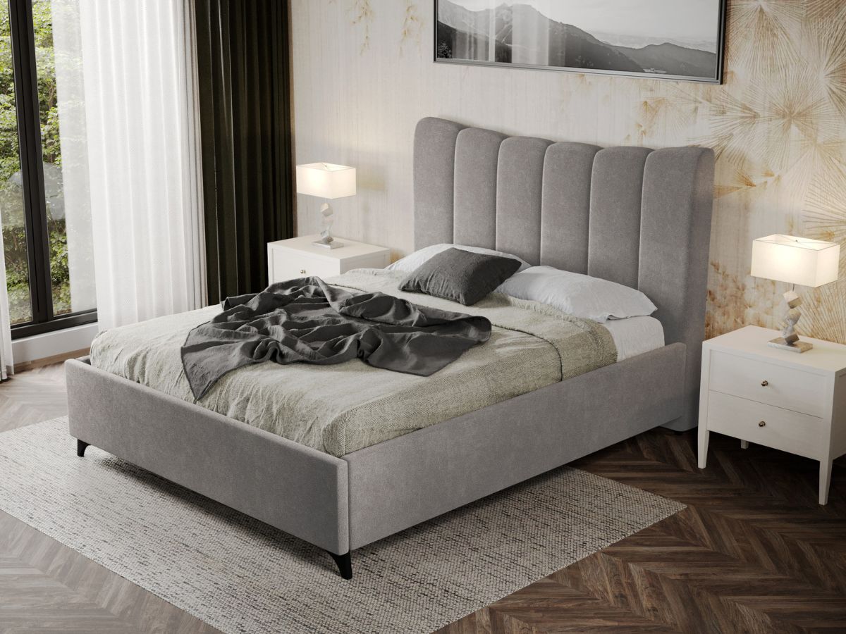 Pat tapițat gri deschis Milano cu somieră fixă 160x200